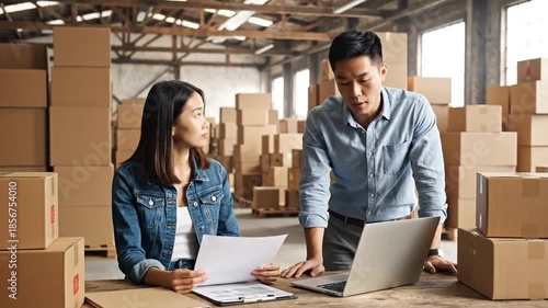 Two warehouse workers, a man and a woman, collaborating and discussing logistics in a storage facility surrounded by cardboard boxes.