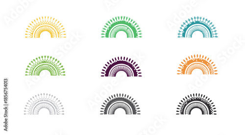 A vibrant and colorful mandala design showcases intricate radial symmetry featuring linear elements and sun like patterns creating a visually