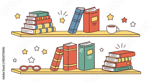 a vibrant illustration features stacked books an open textbook with a bookmark and educational elements promoting learning and literacy