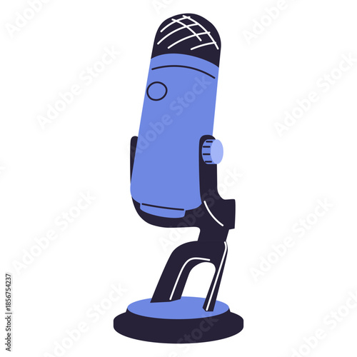 Desk microphone for conference and mass media communication. Mic on desktop stand with cable, wire.