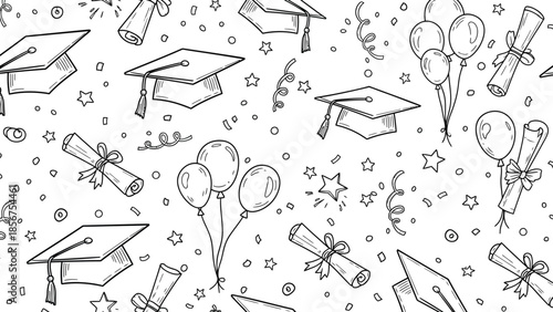 Graduation icons and confetti on white background grad cap mortarboard diploma balloons
