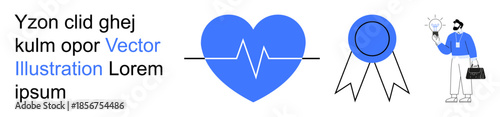 Healthcare, recognition, innovation, business ideas, professional success, creative thinking. Blue heartbeat icon, award ribbon professional holding a lightbulb. Healthcare and recognition concepts