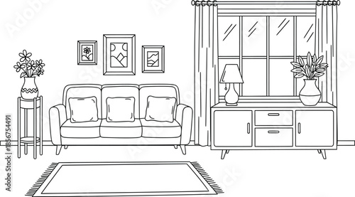 Line drawing of a cozy living room with furniture and decor soufa