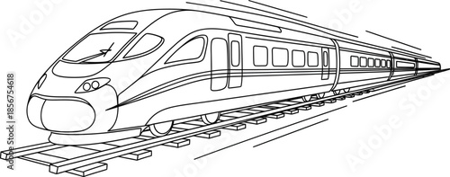 High speed train traveling on railway tracks in a line drawing style