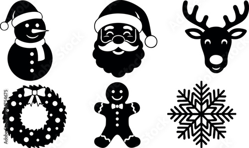 Christmas holiday icons set with Santa Claus snowman reindeer gingerbread wreath and snowflake festive vector illustrations