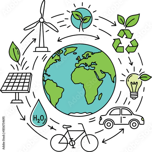 Earth surrounded by eco friendly icons in a circle globe ecology ecofriendly