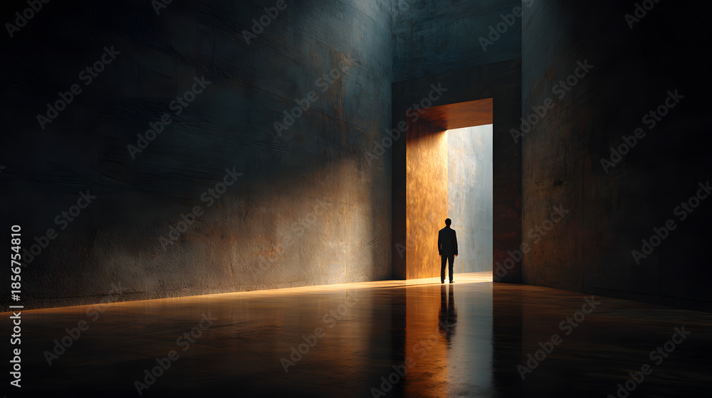Obraz premium Solitary figure framed by doorway in minimal interior 