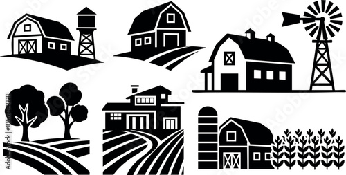 Farm buildings barn silo windmill rural agriculture countryside vector silhouettes simple design