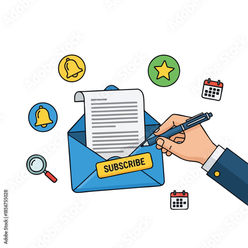An illustration depicting subscription; an envelope, a hand, and icons surrounding it