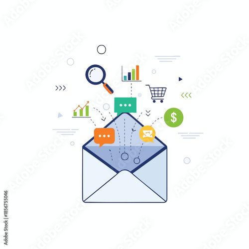 An open envelope with communication symbols and graphics