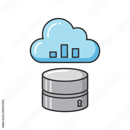 Cloud with a chart above a cylindrical server with a keyhole, illustration