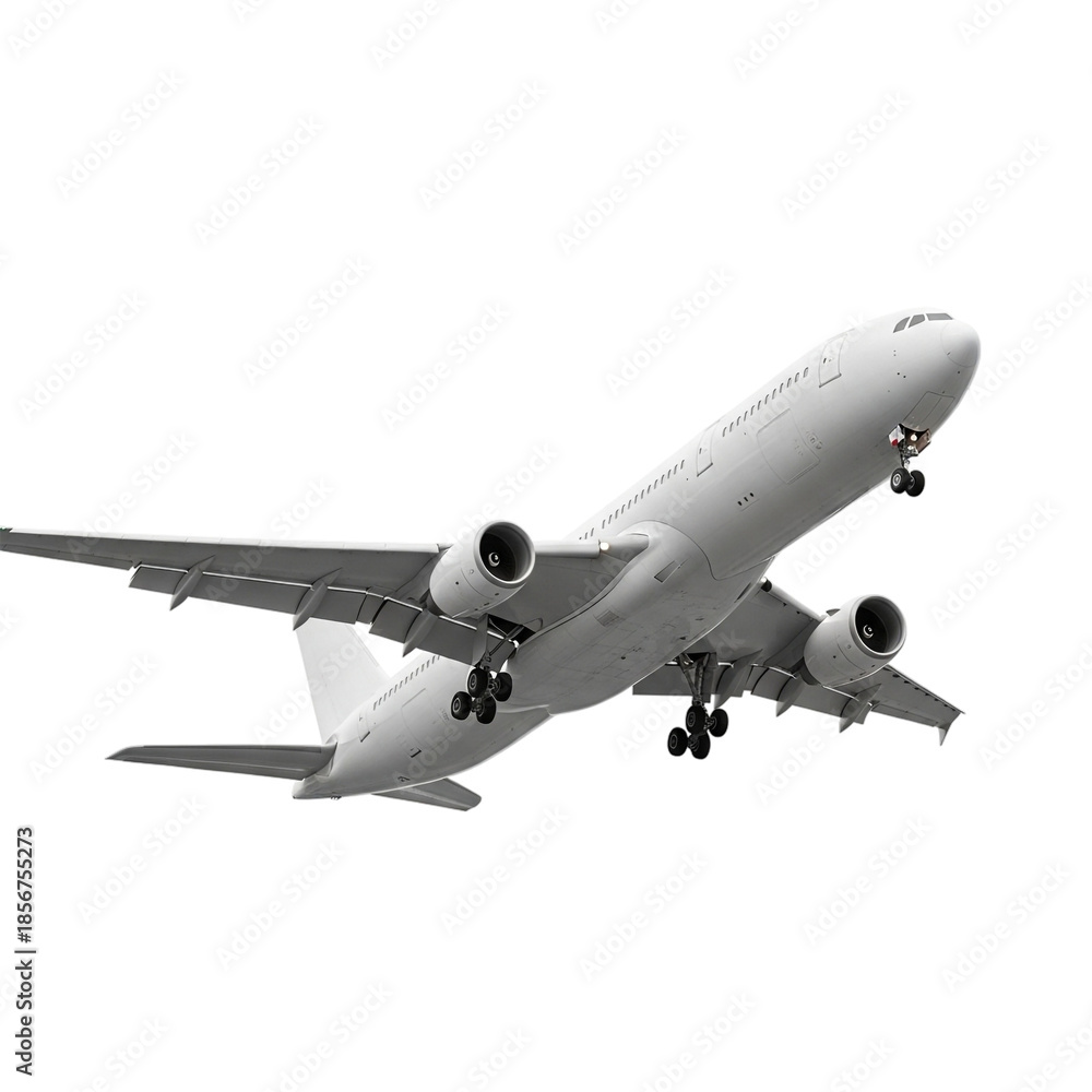 Obraz premium White commercial jet airplane flying side view landing gear down blank livery isolated transparent background high quality PNG format