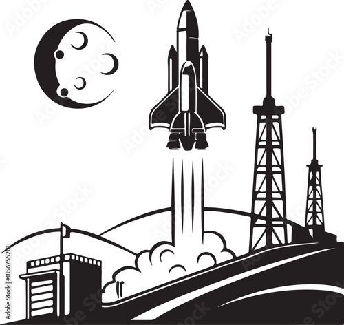 Futuristic rocket launching from moon base silhouette vector