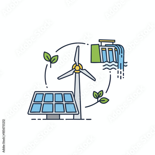 Graphic depiction of renewable energy sources wind, solar, and hydroelectric