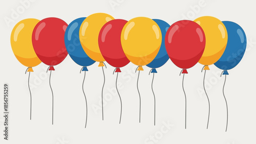A colorful row of red, yellow, and blue party balloons with strings.