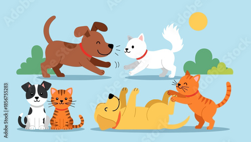 A delightful collection of cartoon cats and dogs playing happily together.