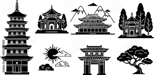Asian temple pagoda vector set with traditional architecture and scenic mountain elements in black silhouette style