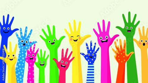A vibrant group of colorful cartoon hands raised together in unity.