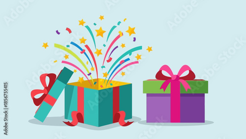 An open gift box explodes with colorful confetti and stars next to a closed present.