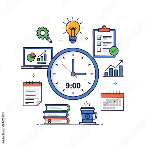 Colorful flat illustration depicts work-related icons arranged around a clock reading 900