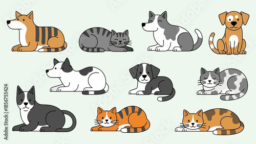 Adorable collection of illustrated cartoon cats and dogs in various poses.