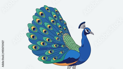 Beautiful illustrated peacock with vibrant blue and green feathers fanned out.