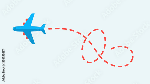 Blue airplane flying along a complex looped red dashed line route.
