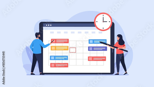 Business team collaborating on a digital project management schedule.
