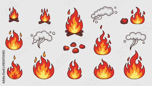 Cartoon fire and smoke vector illustration set for animation.