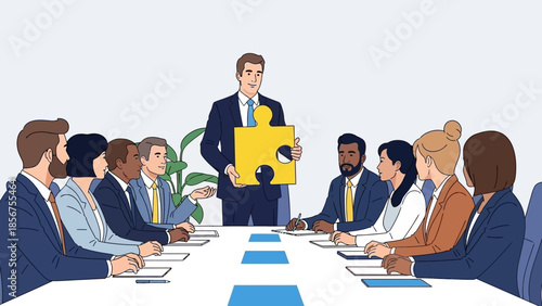 Businessman holding a yellow puzzle piece in a corporate meeting.