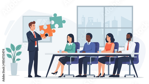 Businessman presenting a strategic solution with puzzle pieces to his team.