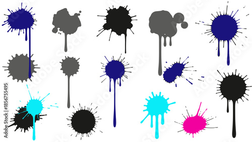 Collection of colorful dripping paint splatters and ink blots.