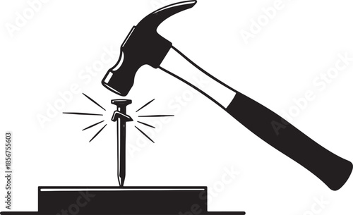 Black and white of a hammer striking a nail on a wooden block with radiating lines indicating impact and effort also transparent background