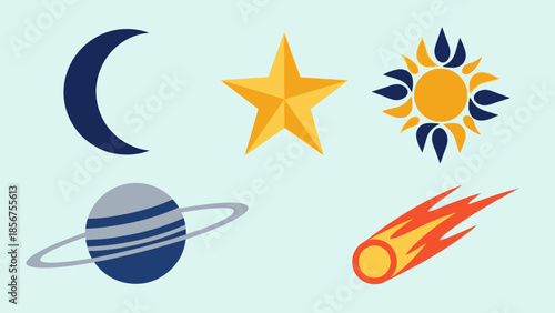 Colorful vector set of celestial objects and astronomical icons.