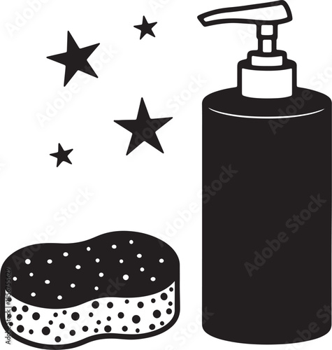 Black and white of a sponge, soap dispenser, and stars symbolizing cleanliness cleaning sponge liquid soap also transparent background