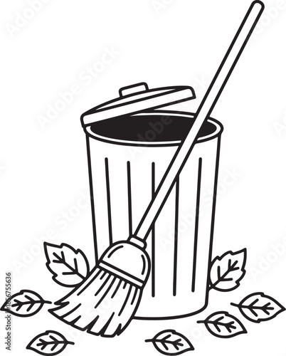 Black and white of a trash can with a broom and fallen leaves garbage bin sweeping also transparent background