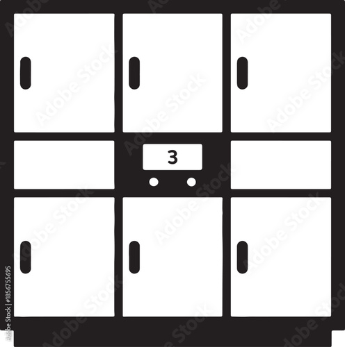 Grid of nine black lockers with handles and a central digital display showing the number three and two small circular buttons representing storage compartments or a locker also transparent background