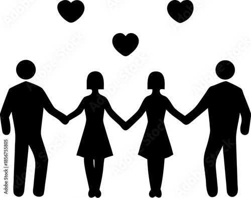 Silhouettes of two couples holding hands with three floating hearts above them depicting strong bonds and affectionate relationships
