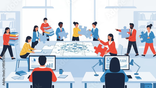 Diverse business team working together to assemble a large jigsaw puzzle.