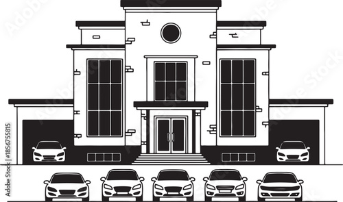 Modern residential building with multiple cars parked in front and in garages showcasing architectural and vehicle collection also transparent background