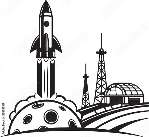 Futuristic rocket launching from moon base silhouette vector