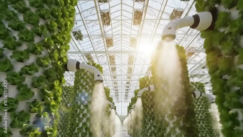Title: High-tech glass greenhouse interior with lush green plants and robotic arms tending to vertical garden in bright sunlight