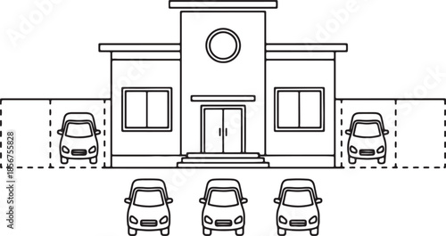 Outline of a building with a central entrance and windows, flanked by parking spaces and cars, representing a business or public facility also transparent background