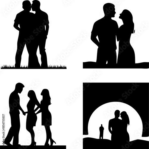 Four distinct romantic couples silhouettes illustrating moments of intimacy closeness and shared experience including kissing under archway and walking together
