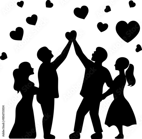 Silhouette illustration of two couples standing and reaching up with hands touching in celebration while surrounded by floating heart shapes in the air
