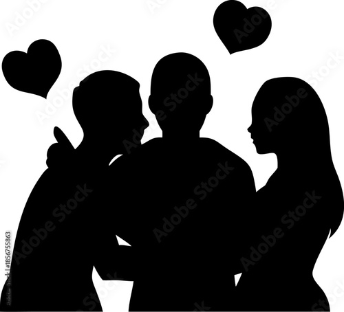 Intimate silhouette portrait of three individuals two men and one woman closely embracing under large floating hearts suggesting complex love triangle or friendship