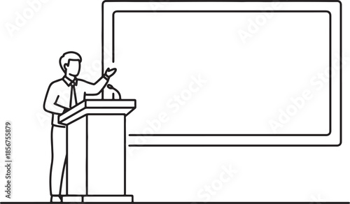 Speaker at a podium gesturing towards a blank presentation screen, representing public speaking, education, or business meetings also transparent background