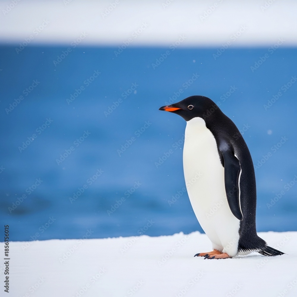 Fototapeta premium Penguin standing alone on snowy landscape with ocean background.