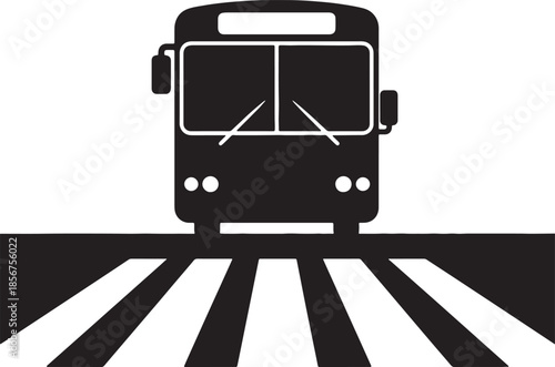 A black silhouette of a bus approaches a stark white and black striped crosswalk, creating a bold emphasizing urban transportation and pedestrian safety also transparent background