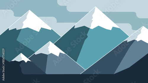 Flat design vector illustration of a stylized mountain range with snow-capped peaks.